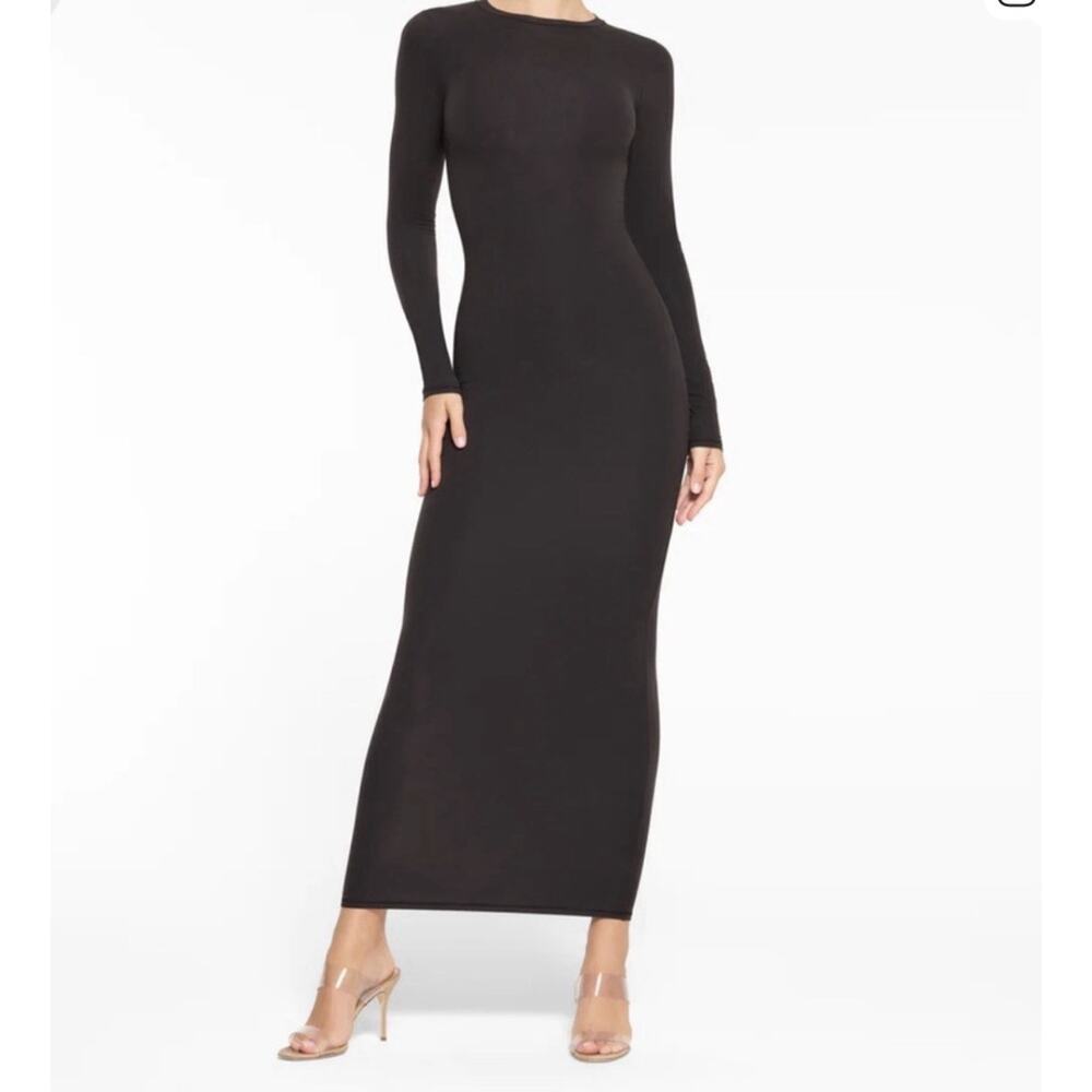 SKIMS Fits Everybody Long Sleeve Crewneck Maxi Dress NWT Black Onyx Women’s S